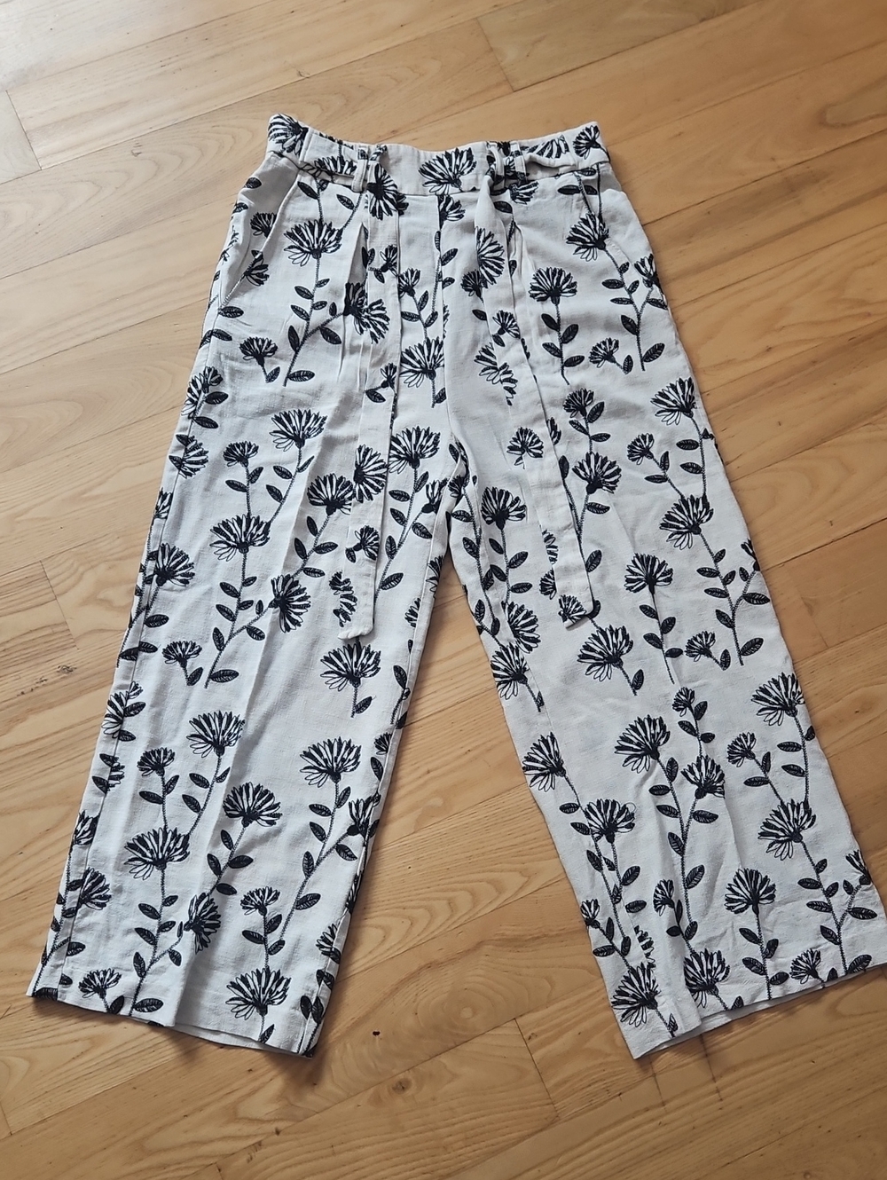 Neutral Floral Wide Leg Pants with Black Print